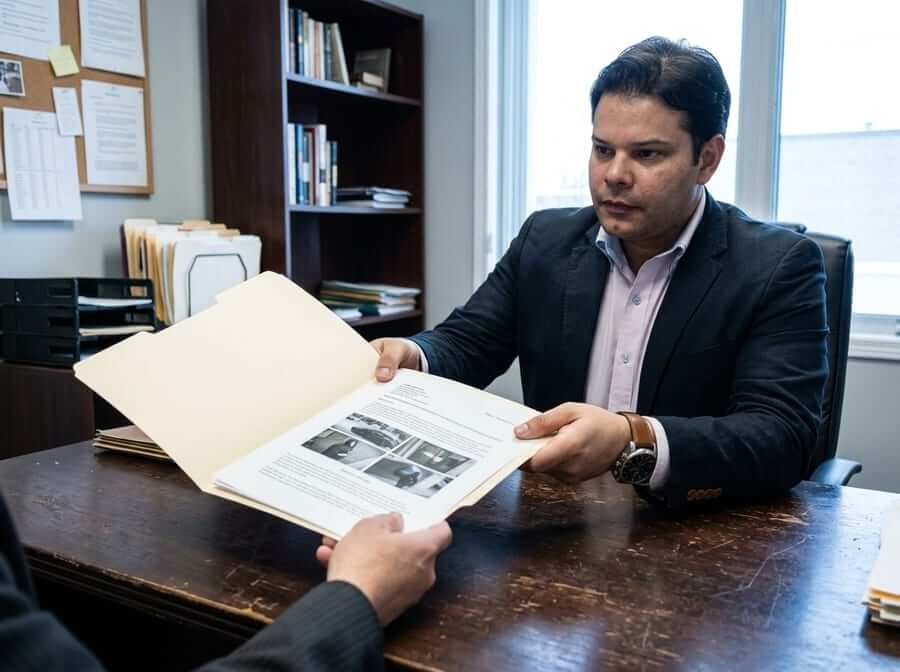Sócio sênior entregando relatório de investigação ao cliente